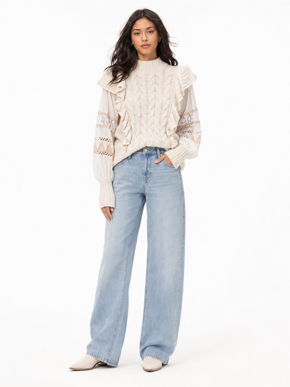 By Anthropologie Mixed Cable Knit Ruffle Sweater Petite
